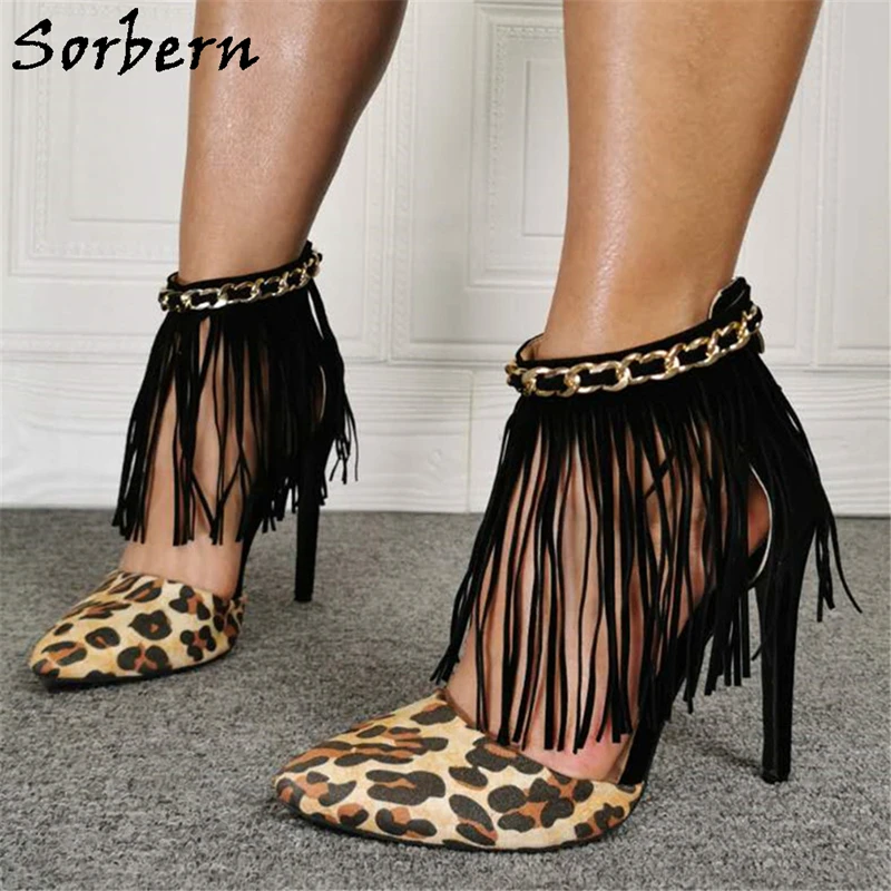 Sorbern Black Tassel Women Pump Pointed Toe Shoes Leopard Style High Heel Chain Back Zippper Heels For Women Real Images
Sorbern Black Tassel Women Pump Pointed Toe Shoes Leopard Style High Heel Chain Back Zippper Heels For Women Real Images