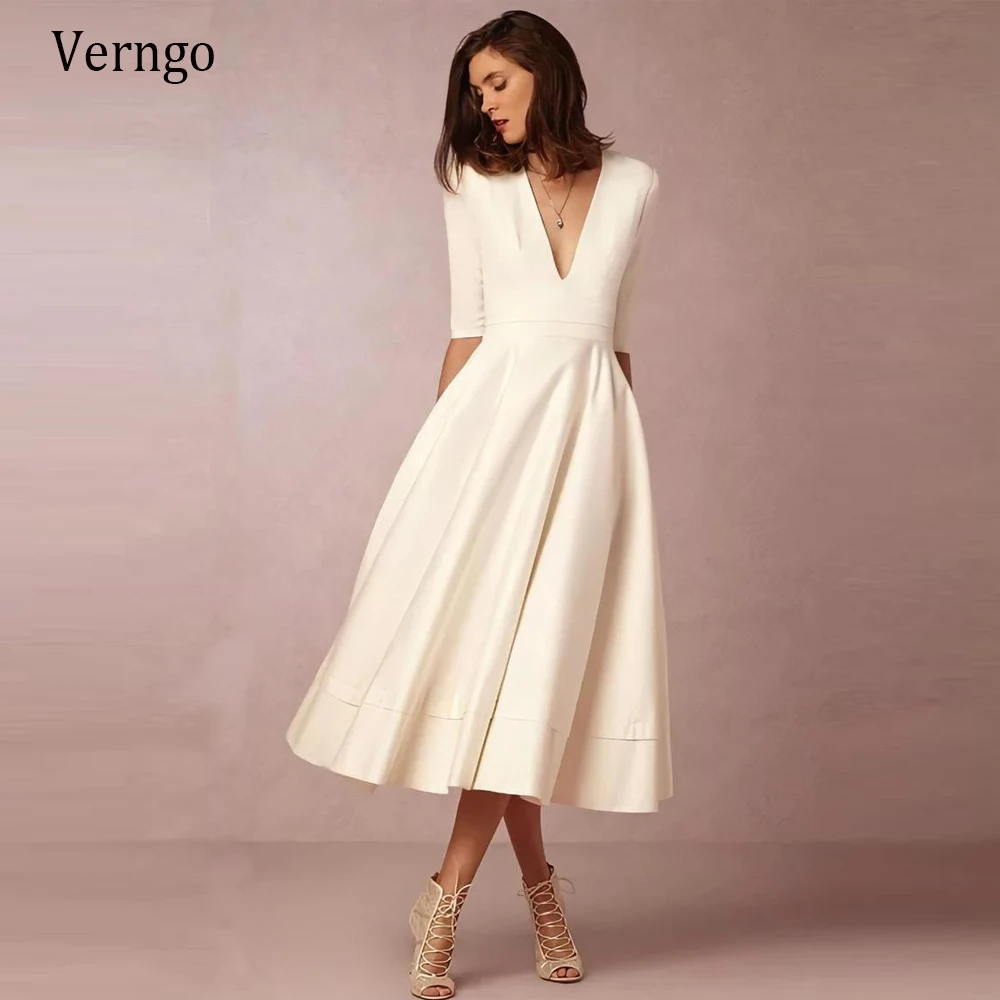 Verngo Vintage Ivory Satin A Line Short Wedding Party Dress With Pocket Half Sleeves V Neck Tea length Formal Bride Dresses
Verngo Vintage Ivory Satin A Line Short Wedding Party Dress With Pocket Half Sleeves V Neck Tea length Formal Bride Dresses