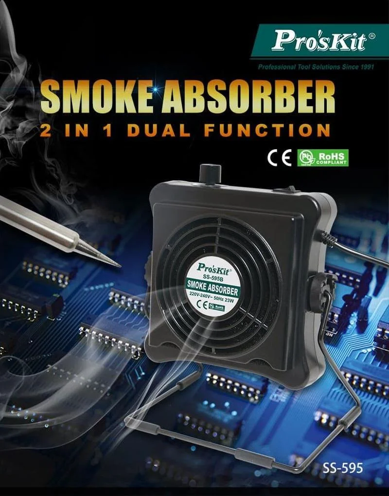 Pro'skit SS-595H Soldering Iron Welding Smoke Absorber Fume Extractor Air Filter Smoke Fan Tools For BGA Soldering Rework
Pro'skit SS-595H Soldering Iron Welding Smoke Absorber Fume Extractor Air Filter Smoke Fan Tools For BGA Soldering Rework