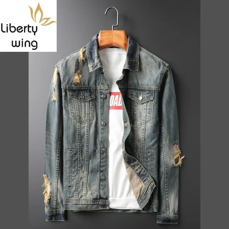 Autumn New Ripped Hole Denim Coat Men Casual Slim Fit Personality Washed Jean Jacket Vintage Blue Long Sleeve Biker Jaqueta
Autumn New Ripped Hole Denim Coat Men Casual Slim Fit Personality Washed Jean Jacket Vintage Blue Long Sleeve Biker Jaqueta