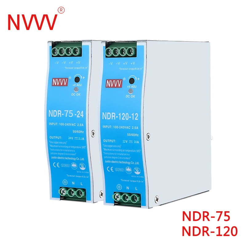 NVVV NDR Series Ultra-Thin Din Rail Switching Power Supply 12V 24V Power Supply 75W 120W 240W 110/220v AC-DC Voltage Stabilizer
NVVV NDR Series Ultra-Thin Din Rail Switching Power Supply 12V 24V Power Supply 75W 120W 240W 110/220v AC-DC Voltage Stabilizer