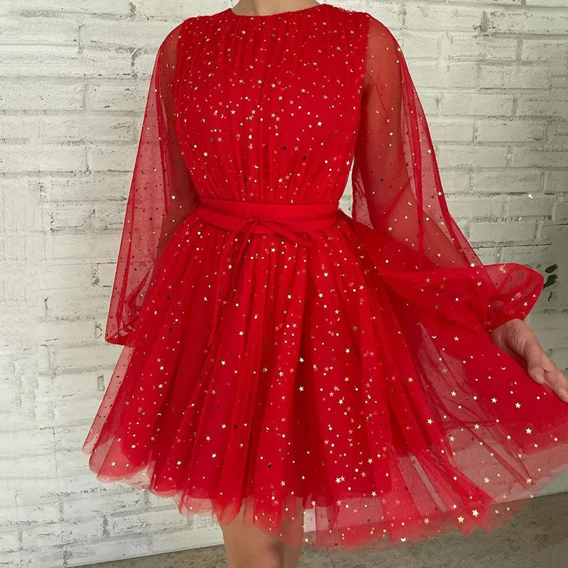 Sparkly Red Starrs Tulle Puff Long Sleeve Evening Party Dresses A Line Short Prom Gowns O Neck Above Knee Homecoming Dress 2022
Sparkly Red Starrs Tulle Puff Long Sleeve Evening Party Dresses A Line Short Prom Gowns O Neck Above Knee Homecoming Dress 2022