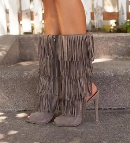 Sexy Mid Calf Fringe Boots Pepe Toe Cut-out High Heels Tassel Boot Brown Green Black Suede Dress Shoes Buckle Strap Sandal Boot