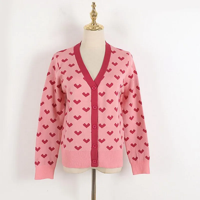 Sweet Pink Heart Knit Cardigans Intarsia Sweater Women V Neck Loose Elegant Thicken Pull Femme Casual Coat s1744
Sweet Pink Heart Knit Cardigans Intarsia Sweater Women V Neck Loose Elegant Thicken Pull Femme Casual Coat s1744