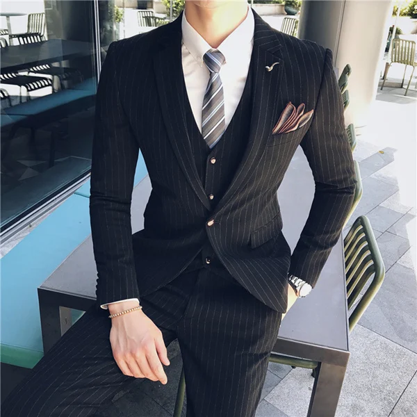 Black Mens Suit Stripe Casual Business Suit Social Formal Suit Jacket Vest Pants 3 Pieces Set Groom Wedding Tuxedo Costume
Black Mens Suit Stripe Casual Business Suit Social Formal Suit Jacket Vest Pants 3 Pieces Set Groom Wedding Tuxedo Costume