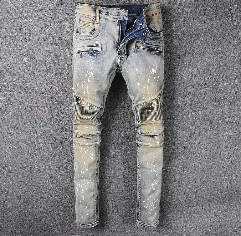 motorcycle biker Men's jeans pleated Painted vintage blue stretch denim Slim fit moto pants for men #990
motorcycle biker Men's jeans pleated Painted vintage blue stretch denim Slim fit moto pants for men #990