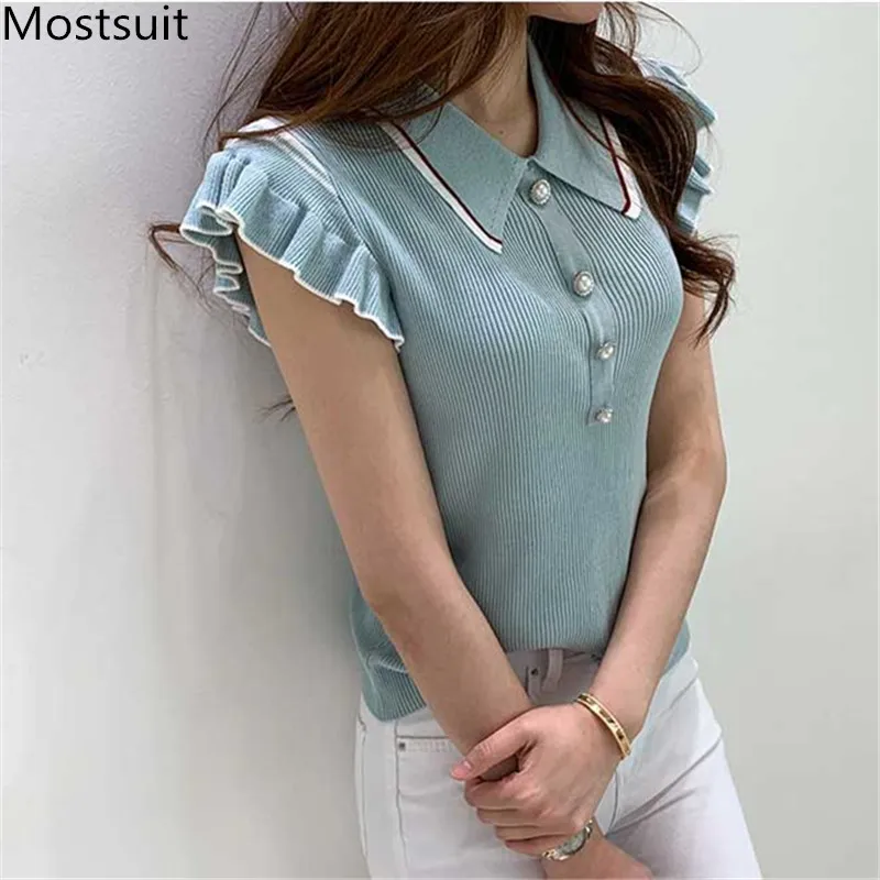 2023 Summer Korean Fashion Knitted T Shirts Tops Women Buttfly Sleeve Turn-down Collar Pearl Buttons Slim Elegant Tees Tshirts
2023 Summer Korean Fashion Knitted T Shirts Tops Women Buttfly Sleeve Turn-down Collar Pearl Buttons Slim Elegant Tees Tshirts