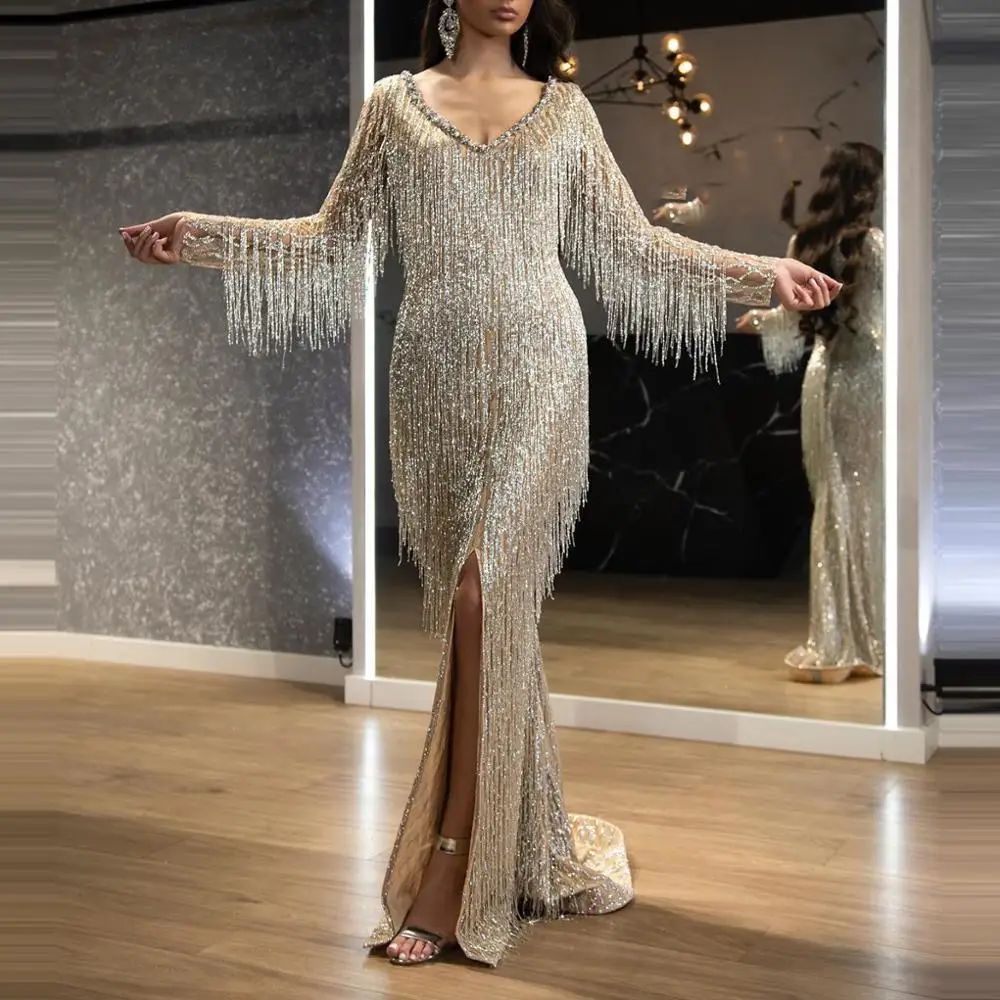 Haute Courter Dresses Full Beaded Tassesl Mermaid Long Sleeves V-Neck Leg Slit Sparkling Women Formal Pageant Long Gowns
Haute Courter Dresses Full Beaded Tassesl Mermaid Long Sleeves V-Neck Leg Slit Sparkling Women Formal Pageant Long Gowns