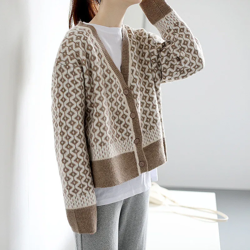 Women's Button Down Sweater, Casual Long Sleeve V Neck Geometric Print Loose Knit Cardigan Coat
Women's Button Down Sweater, Casual Long Sleeve V Neck Geometric Print Loose Knit Cardigan Coat