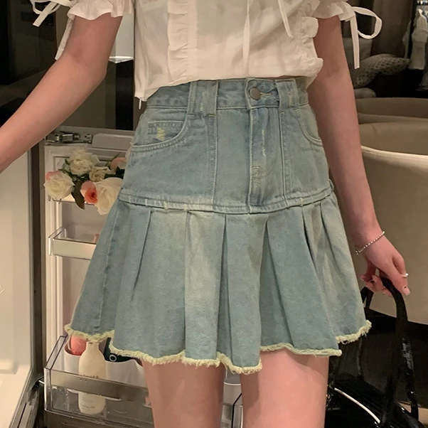 Women Korean Harajuku Denim Mini A-Line Pleated Skirt Ladies Summer Casual High Waist Jeans Ruffles Short Skirts Female
Women Korean Harajuku Denim Mini A-Line Pleated Skirt Ladies Summer Casual High Waist Jeans Ruffles Short Skirts Female