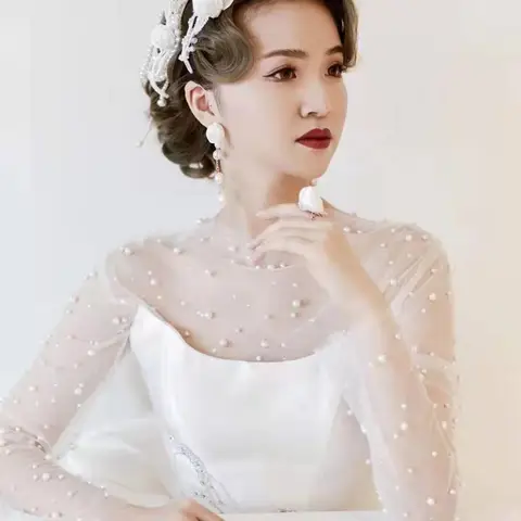 New Arrival Ivory Pearls Beaded Wedding jackets Bride Wedding accessories Bolero women Long sleeve Tulle wedding cape