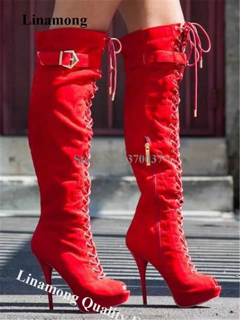 Linamong Fashion Peep Toe Suede Leather Over Knee Stiletto Heel Gladiator Boots Red Black Lace-up Long High Heel Boots Club Shoe
Linamong Fashion Peep Toe Suede Leather Over Knee Stiletto Heel Gladiator Boots Red Black Lace-up Long High Heel Boots Club Shoe