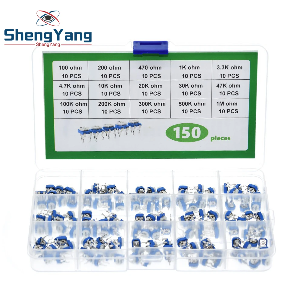 150pcs RM065 Trimmer Potentiometer Kit 100/220/470/1K/3.3K/4.7K/10K/20K/30K/47K/100K/200K/300K/500K/1M ohm RM-065 Potentiometer
150pcs RM065 Trimmer Potentiometer Kit 100/220/470/1K/3.3K/4.7K/10K/20K/30K/47K/100K/200K/300K/500K/1M ohm RM-065 Potentiometer
