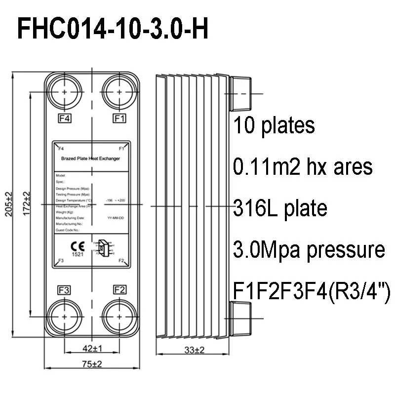 10 Plates Brazed Plate Heat Exchanger, 0.11m2 Heat Transfer Areas, Stainless Steel Heat Exchanger with R3/4" Fitting
10 Plates Brazed Plate Heat Exchanger, 0.11m2 Heat Transfer Areas, Stainless Steel Heat Exchanger with R3/4" Fitting
