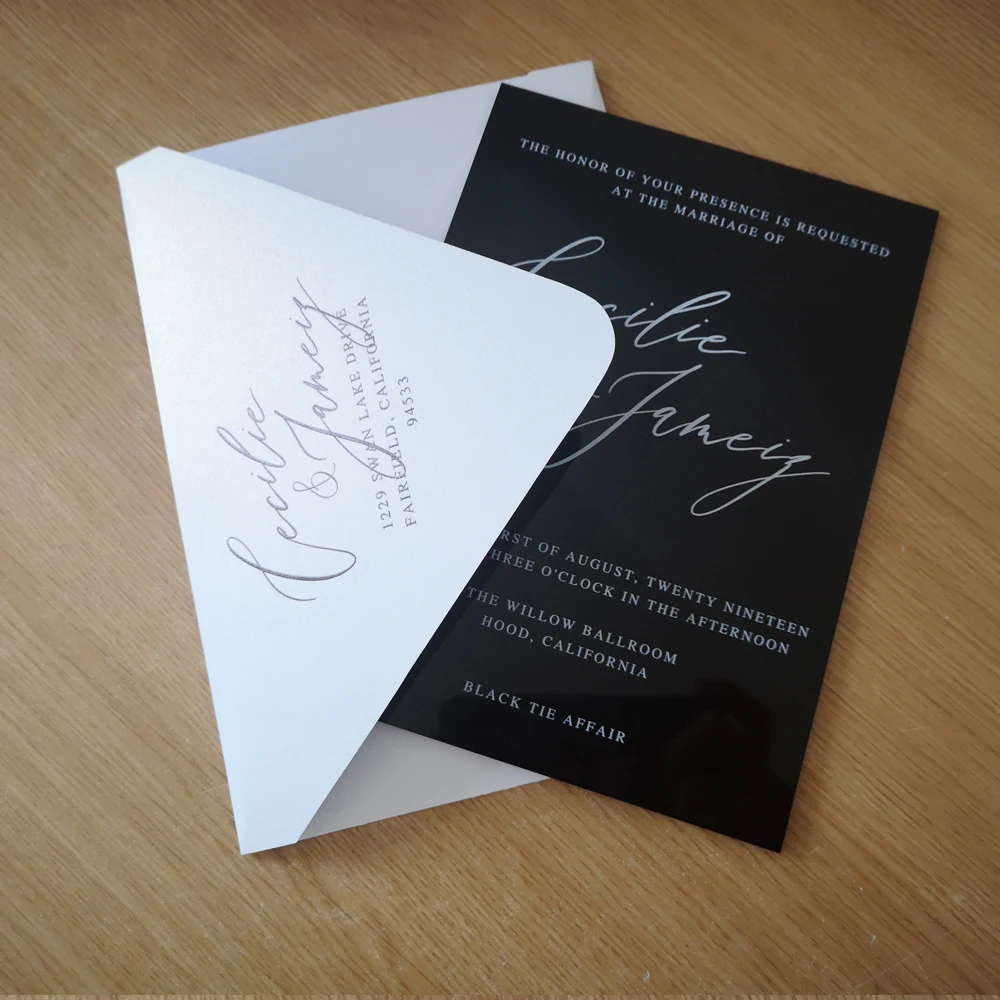 Wholesale RetailerHigh Quality UV Printing Eco-Friendly White Ink Wedding Black Acrylic Card Matching Big Flap White Envelope
Wholesale RetailerHigh Quality UV Printing Eco-Friendly White Ink Wedding Black Acrylic Card Matching Big Flap White Envelope