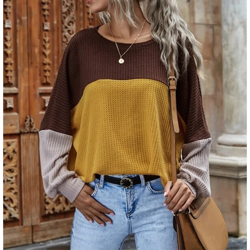 Women Clothing Autumn Spring Fashion Long Sleeve Round Neck Casual Tops Ladies Contrasting Color Stitching Pullover Waffle Loose
Women Clothing Autumn Spring Fashion Long Sleeve Round Neck Casual Tops Ladies Contrasting Color Stitching Pullover Waffle Loose