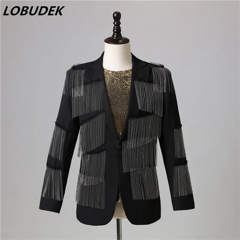 Bar Nightclub Men Star Singer Concert Court Blazer Silver Black Chain Tassel Slim Suit Jacket Host Stage Performance Slim Coat
Bar Nightclub Men Star Singer Concert Court Blazer Silver Black Chain Tassel Slim Suit Jacket Host Stage Performance Slim Coat