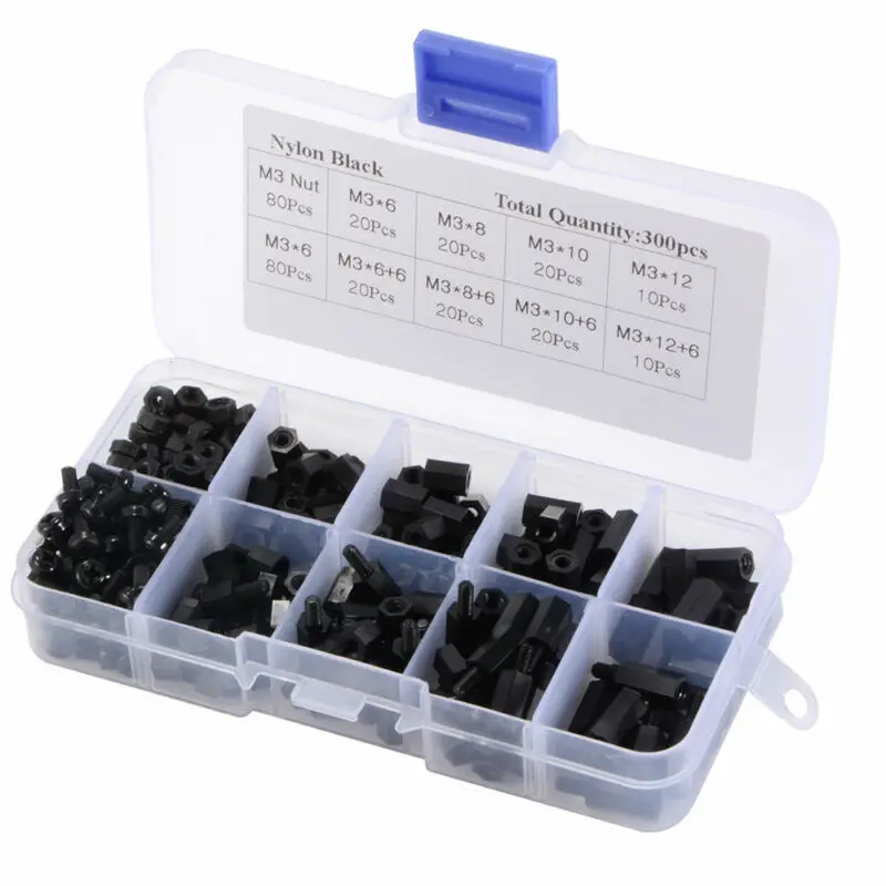 300 pcs 1 box (10 grid plastic box) M3 black hexagonal nylon spacer sleeve flat head nylon plastic spacer screw nut
300 pcs 1 box (10 grid plastic box) M3 black hexagonal nylon spacer sleeve flat head nylon plastic spacer screw nut