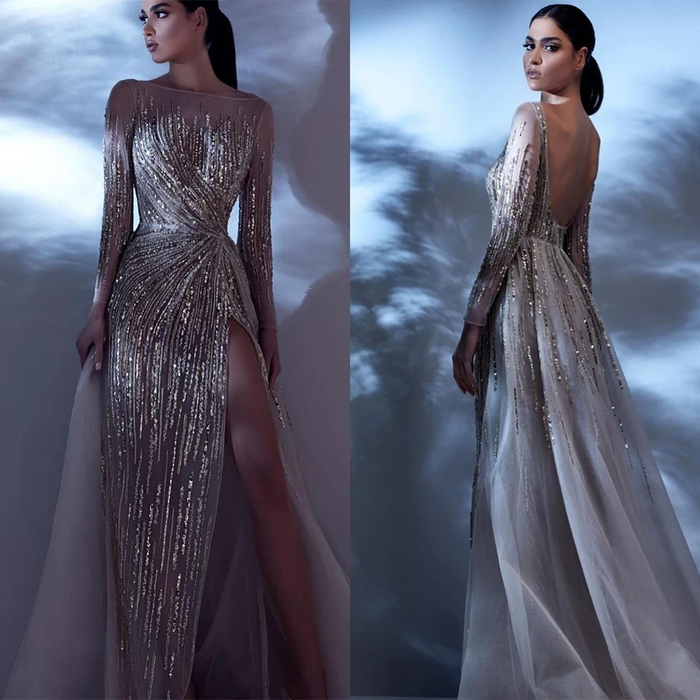 Sexy Boat Neck Sequins High Split Wedding Dress Long Sleeves Backless Lace A Line Custom Made Bridal Dresses Vestido De Novia
Sexy Boat Neck Sequins High Split Wedding Dress Long Sleeves Backless Lace A Line Custom Made Bridal Dresses Vestido De Novia
