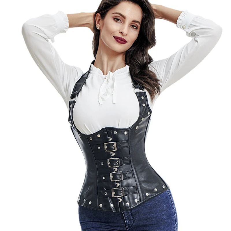 PU Leather Rivet Underbust Corset Women Sexy Halter Black Bustier Top Steel Bone Waist Trainer Body Shaper Gothic Clothes
PU Leather Rivet Underbust Corset Women Sexy Halter Black Bustier Top Steel Bone Waist Trainer Body Shaper Gothic Clothes