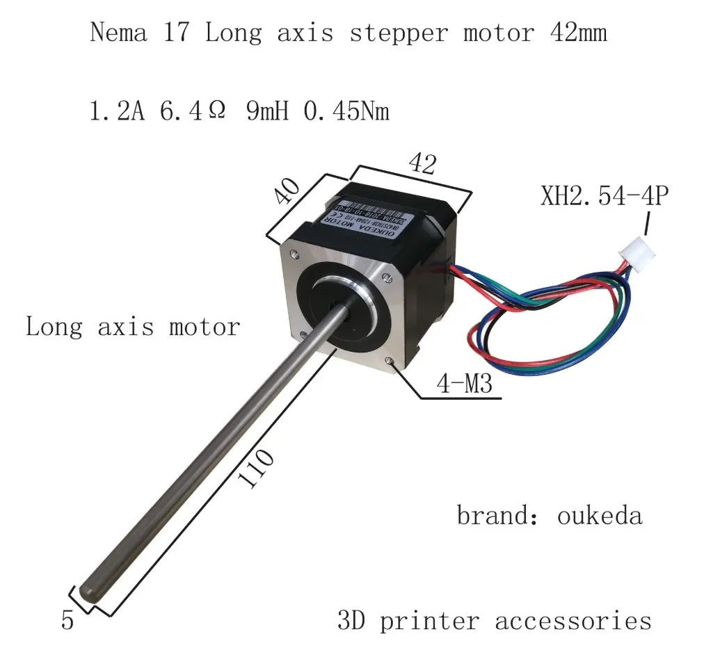 42 stepper motor long shaft 0.45Nm 42BYGH40 Nema17 42 long shaft stepper motor shaft length 110mm
42 stepper motor long shaft 0.45Nm 42BYGH40 Nema17 42 long shaft stepper motor shaft length 110mm