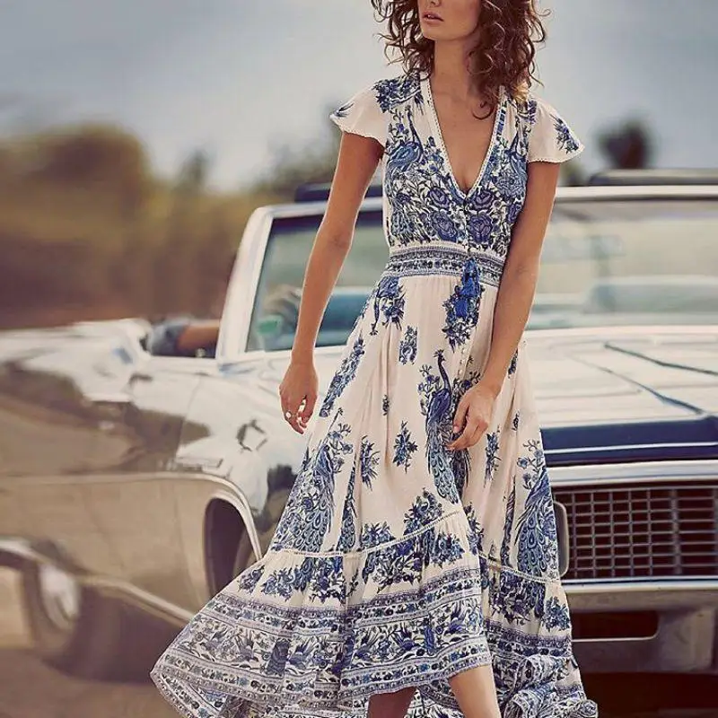 Vintage Women Summer Boho Long Maxi Evening Party Dress V -Neck Beach Dresses Sundress
Vintage Women Summer Boho Long Maxi Evening Party Dress V -Neck Beach Dresses Sundress