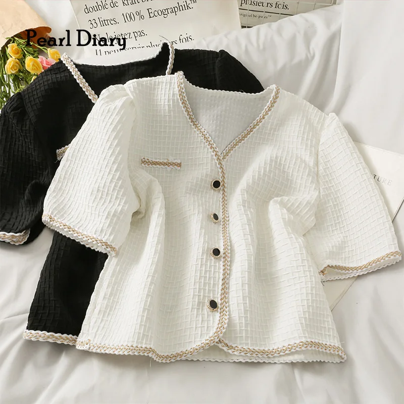 Pearl Diary Women Jacquard Cardigan Check Pattern V Neck Short Sleeve Elegant Tops England Style Vintage Office Lady Blouses
Pearl Diary Women Jacquard Cardigan Check Pattern V Neck Short Sleeve Elegant Tops England Style Vintage Office Lady Blouses