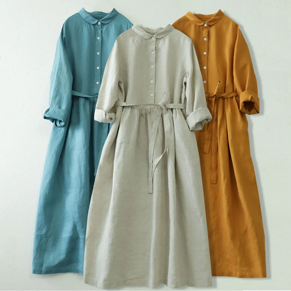 Pure linen long-sleeved dress aging doll collar spring and autumn new cotton and linen women's shirt collar long dress 277
Pure linen long-sleeved dress aging doll collar spring and autumn new cotton and linen women's shirt collar long dress 277