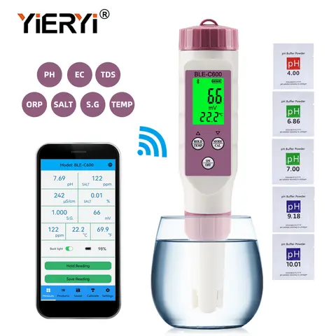 Yieryi BLE-C600 Bluetooth-compatible Water Quality Pen 7 in 1 PH EC TDS ORP SALT S.G TEMP Meter APP Intelligent Control Tester