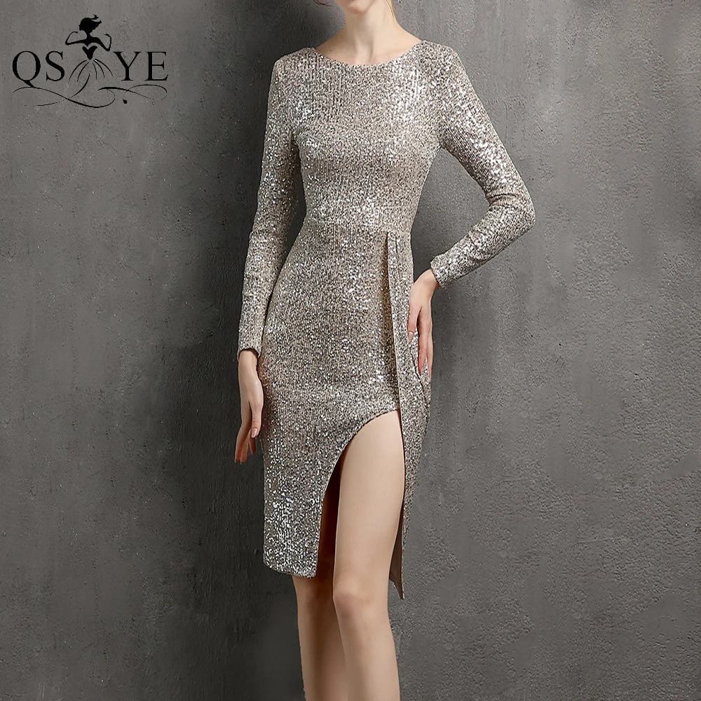 Long Sleeves Silver Short Prom Dresses Sheath Sequin Evening Gown Round Neck Open V Back Formal Party Gown Short Cocktail Dress
Long Sleeves Silver Short Prom Dresses Sheath Sequin Evening Gown Round Neck Open V Back Formal Party Gown Short Cocktail Dress