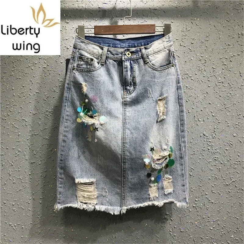 Sequin Skirts Women Summer Korean Fashion Hole Ripped Straight Knee-Length Jeans Faldas Vintage Slim Fit Denim Skirt Woman
Sequin Skirts Women Summer Korean Fashion Hole Ripped Straight Knee-Length Jeans Faldas Vintage Slim Fit Denim Skirt Woman