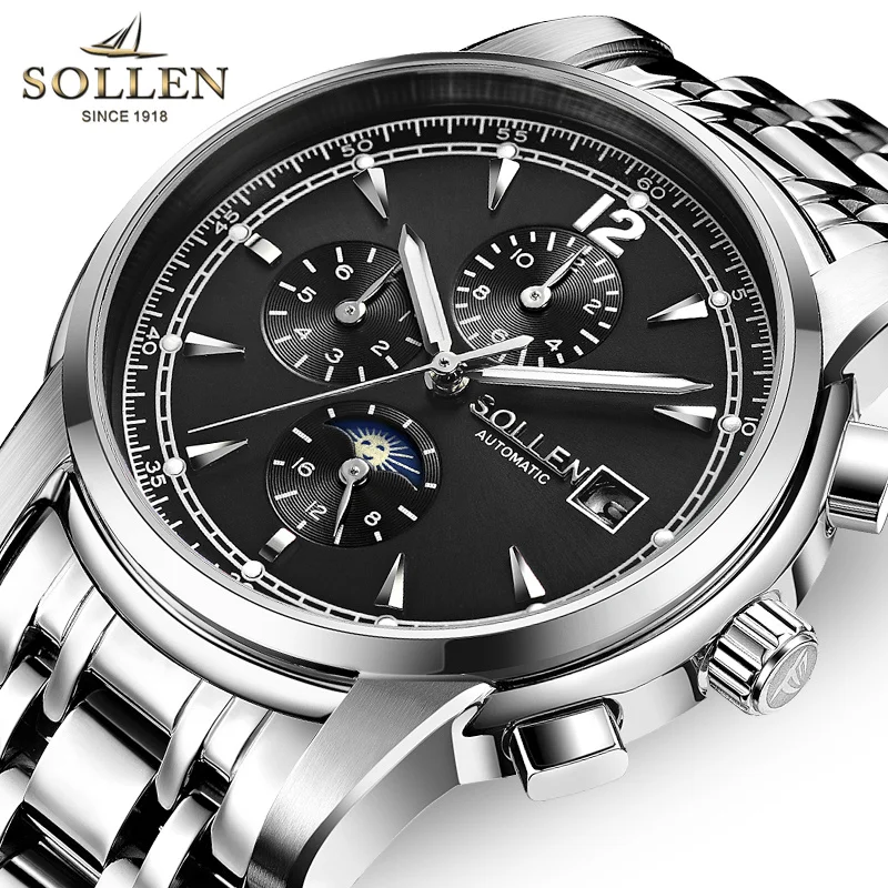Switzerland Luxury Brand SOLLEN Men's Automatic Mechanical Watches Multi-function Dial Luminous Moon Phase Sapphire Clock SL803
Switzerland Luxury Brand SOLLEN Men's Automatic Mechanical Watches Multi-function Dial Luminous Moon Phase Sapphire Clock SL803