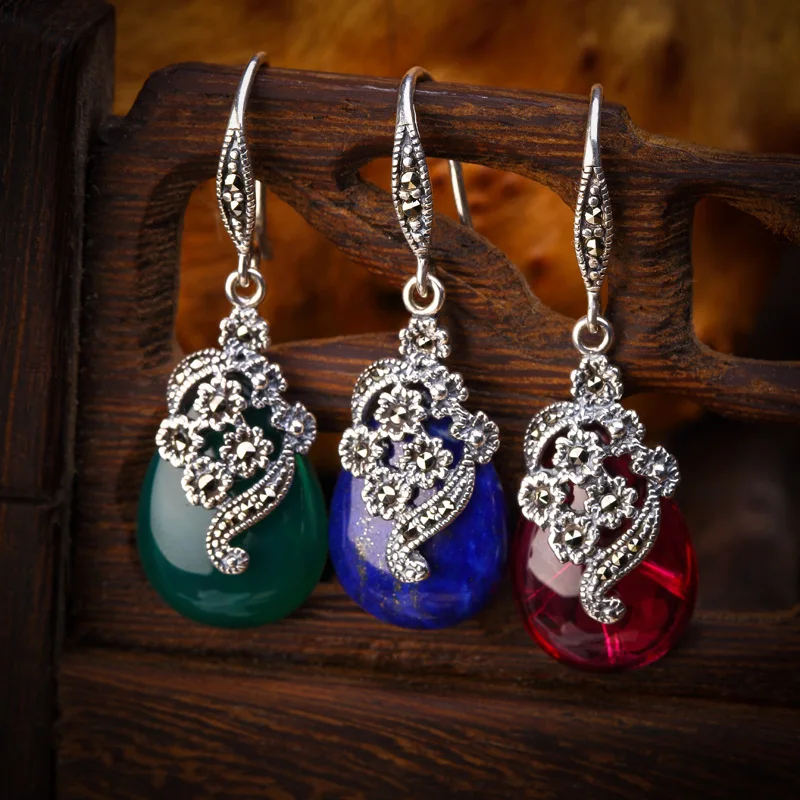 Уродливые этнические марказитовые тайские серебряные серьги с цветами для женщин, серьги с каплями воды, халцедоном, гранатом и лазуритом, серебро 925, Brincos 
Уродливые этнические марказитовые тайские серебряные серьги с цветами для женщин, серьги с каплями воды, халцедоном, гранатом и лазуритом, серебро 925, Brincos