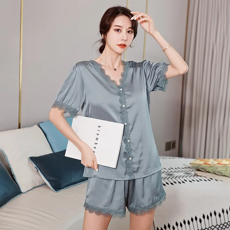 Sleepwear 2020 New Sexy Women Pajamas Set Summer Casual Short Sleeve Top&Shorts Lace 2PCS Sleep Suit Female Loose Home Clothing
Sleepwear 2020 New Sexy Women Pajamas Set Summer Casual Short Sleeve Top&Shorts Lace 2PCS Sleep Suit Female Loose Home Clothing