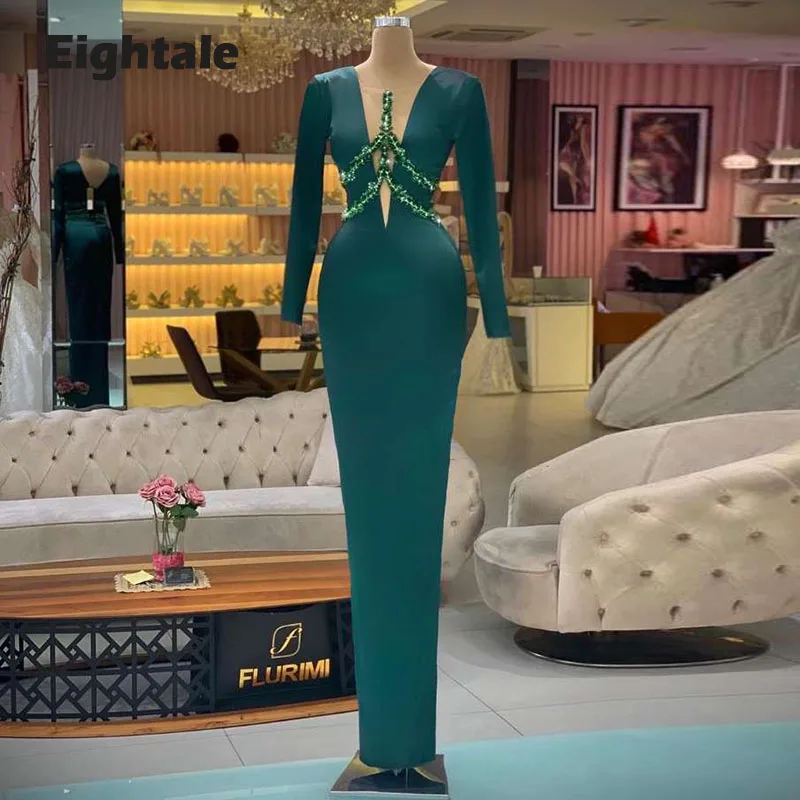Eightale Arabic Evening Dresses with Long Sleeves O-Neck Beaded Green Dubai Prom Gown Satin Mermaid Celebrity Party Dress 2022
Eightale Arabic Evening Dresses with Long Sleeves O-Neck Beaded Green Dubai Prom Gown Satin Mermaid Celebrity Party Dress 2022