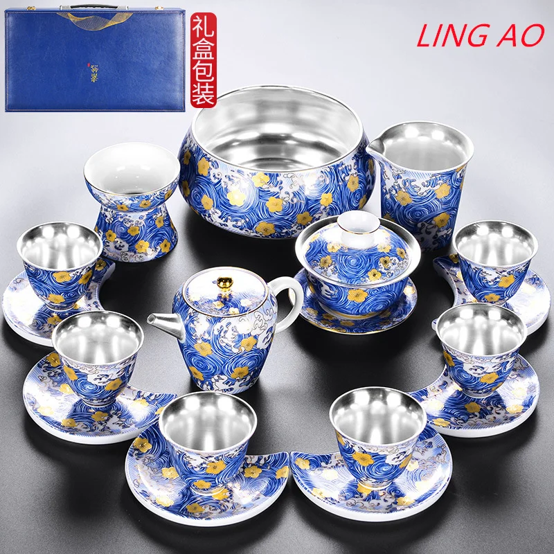 LingAo Enamel enamel porcelain gilding sterling silver 999 Tea set home office Gift Set
LingAo Enamel enamel porcelain gilding sterling silver 999 Tea set home office Gift Set