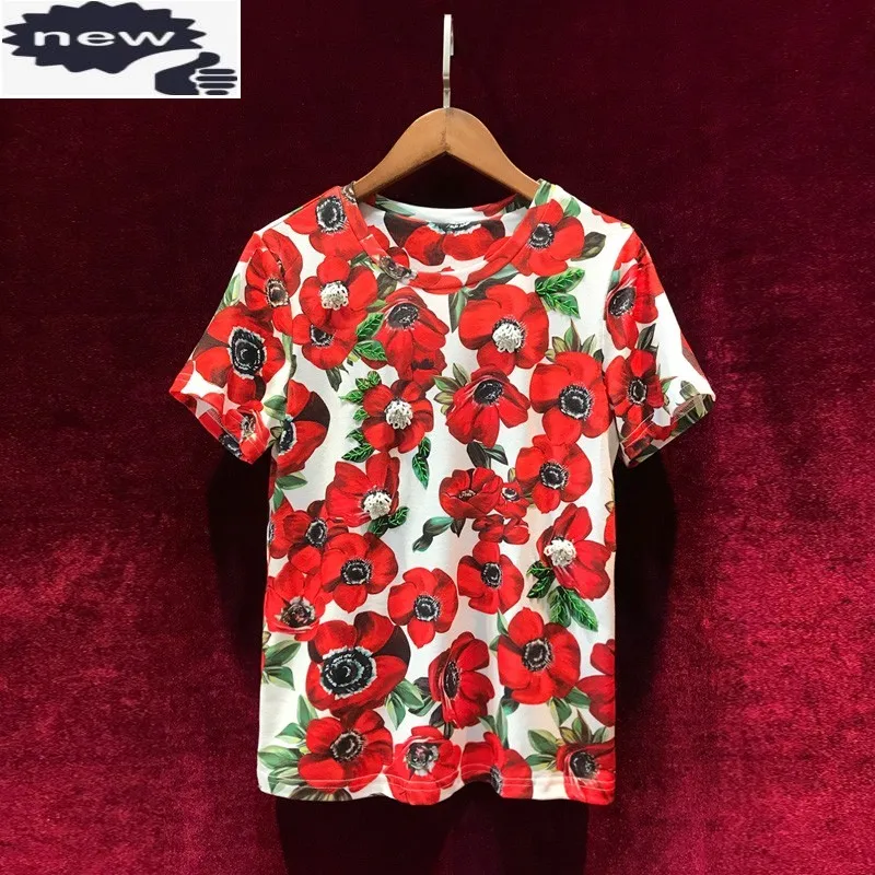 2021 New Summer High Quality Women Cotton Floral Printed Short Sleeve T-shirt Vintage Casual Beading Elegant Ladies Tees Tops
2021 New Summer High Quality Women Cotton Floral Printed Short Sleeve T-shirt Vintage Casual Beading Elegant Ladies Tees Tops