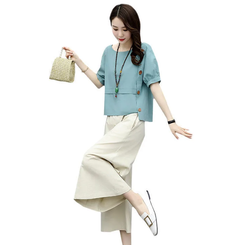 2022 New Summer 2 Piece Set Women Suit Short Sleeve Cotton and linen Tops+Wide Leg Pants Two piece Set Suits Clothes Women
2022 New Summer 2 Piece Set Women Suit Short Sleeve Cotton and linen Tops+Wide Leg Pants Two piece Set Suits Clothes Women