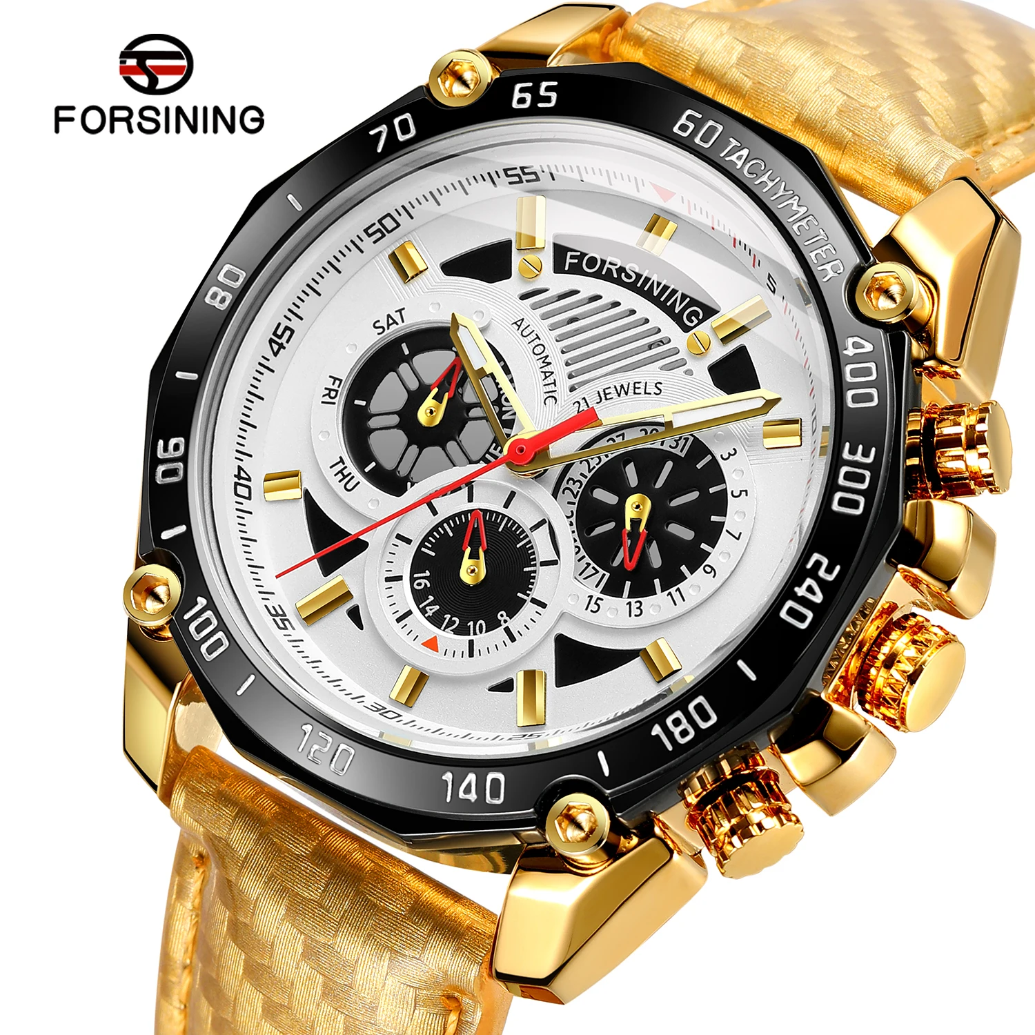 FORSINNG Men's Mechanical Watch Luminous Week Watch Gold Irregular shape belt Steel strap Watch
FORSINNG Men's Mechanical Watch Luminous Week Watch Gold Irregular shape belt Steel strap Watch