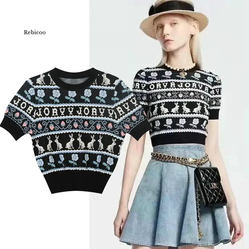 Knitted Pullvoers Women O-Neck Short Sleeve Vintage Rabbit Letters Casual Striped Sweater Tops Za Clothes Korean Fashion kawaii
Knitted Pullvoers Women O-Neck Short Sleeve Vintage Rabbit Letters Casual Striped Sweater Tops Za Clothes Korean Fashion kawaii