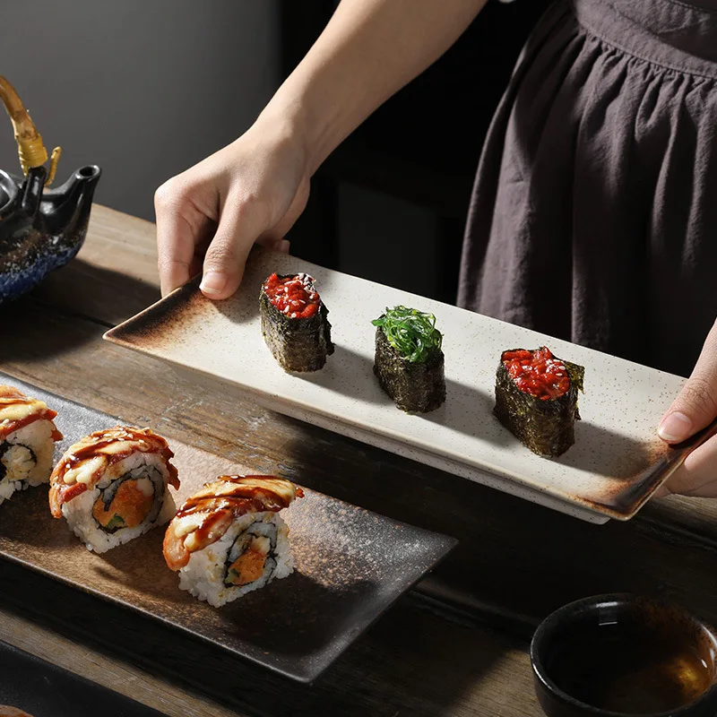 Japanese ceramic sushi rectangular plate, home retro creative snack plate, dish plate, Japanese food snack plate
Japanese ceramic sushi rectangular plate, home retro creative snack plate, dish plate, Japanese food snack plate