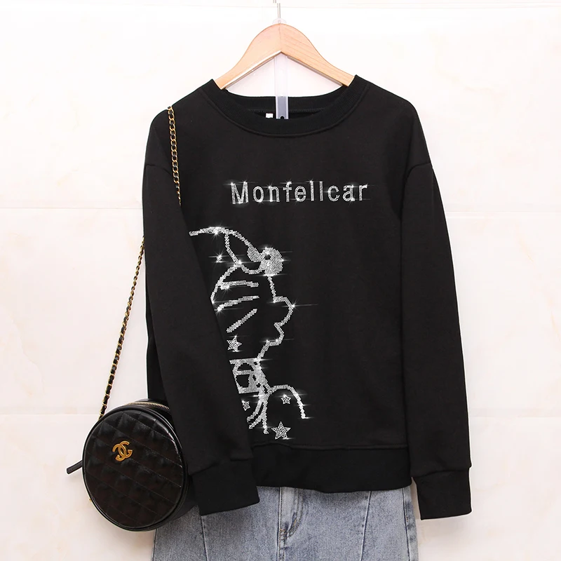 Spring and Autumn new Fashion Black Loose sweatshirt female Cartoon Pattern Hot diamonds Casual Round neck women tops pullovers
Spring and Autumn new Fashion Black Loose sweatshirt female Cartoon Pattern Hot diamonds Casual Round neck women tops pullovers