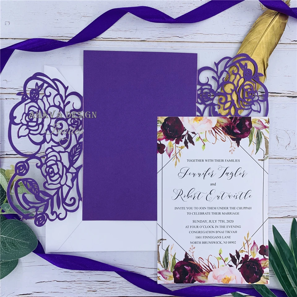 Romantic Wedding Invitations, Purple Bloom- Laser Cut Floral Wrap with Bowtie And Customized Insert
Romantic Wedding Invitations, Purple Bloom- Laser Cut Floral Wrap with Bowtie And Customized Insert