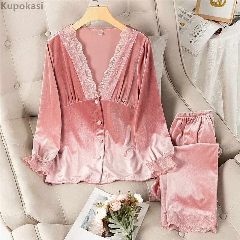 Kupokasi Velvet Women Pajamas 2 Pieces Elegant Pyjamas Set Autumn Winter Sleepwear Sexy Lace Long Sleeve Trousers Homewear
Kupokasi Velvet Women Pajamas 2 Pieces Elegant Pyjamas Set Autumn Winter Sleepwear Sexy Lace Long Sleeve Trousers Homewear