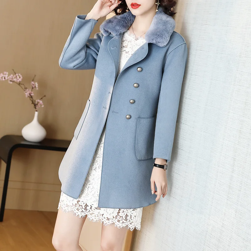 Women Coat Spring Autumn Rabbit Fur Collar Double-sided Elegant Wool Jacket Blue Korean Overcoat YLW1219621Z KJ4222
Women Coat Spring Autumn Rabbit Fur Collar Double-sided Elegant Wool Jacket Blue Korean Overcoat YLW1219621Z KJ4222