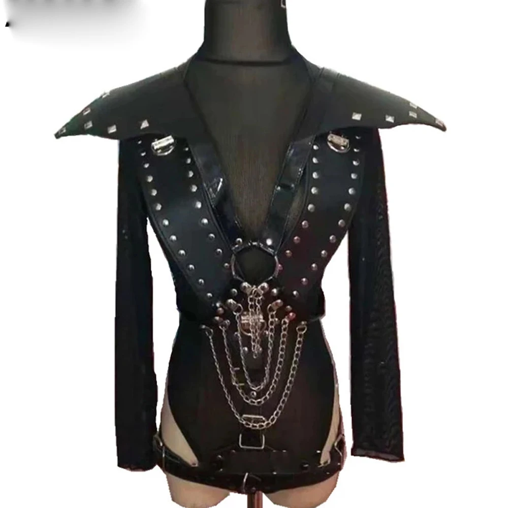 Nightclub show singer dance Costume Punk Black Leather Rivet Armor Metal Chain Bodysuit
Nightclub show singer dance Costume Punk Black Leather Rivet Armor Metal Chain Bodysuit
