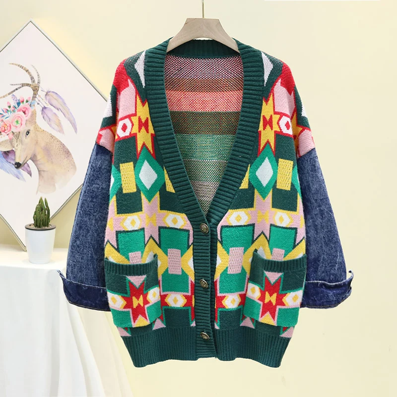 2020 Winter Women Cardigans Sweater V-Neck Loose Coat Denim Sleeve Women Coat Vintage Warm Tops Women Kintted Sweater Coat Femme
2020 Winter Women Cardigans Sweater V-Neck Loose Coat Denim Sleeve Women Coat Vintage Warm Tops Women Kintted Sweater Coat Femme