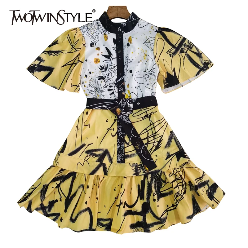 TWOTWINSTYLE Hit Color Mini Dress For Women Stand Collar Short Sleeve High Waist Sashes Print Dresses Female Fashion New Style
TWOTWINSTYLE Hit Color Mini Dress For Women Stand Collar Short Sleeve High Waist Sashes Print Dresses Female Fashion New Style