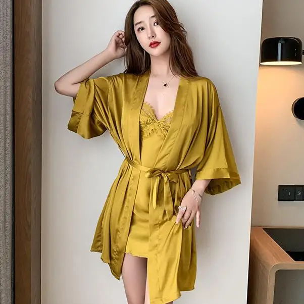Summer Dress Sets 2PCS Women Satin Robe Kimono Gown Suits Sexy V-Neck Sleepwear With Spaghetti Strap Nightdress LACE Lingerie
Summer Dress Sets 2PCS Women Satin Robe Kimono Gown Suits Sexy V-Neck Sleepwear With Spaghetti Strap Nightdress LACE Lingerie