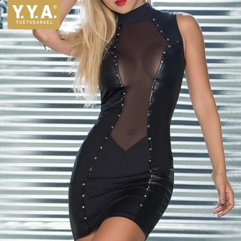 Club Euro Exotic Dancewear Women Mesh Patchwork Transparent Fetish Bodycon Dress Sexy Sheath Rivet Faux Leather Dress Costumes
Club Euro Exotic Dancewear Women Mesh Patchwork Transparent Fetish Bodycon Dress Sexy Sheath Rivet Faux Leather Dress Costumes